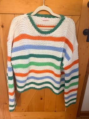 Pink Lily Open-Knit Crewneck Sweater with Orange, Blue and Green Stripes